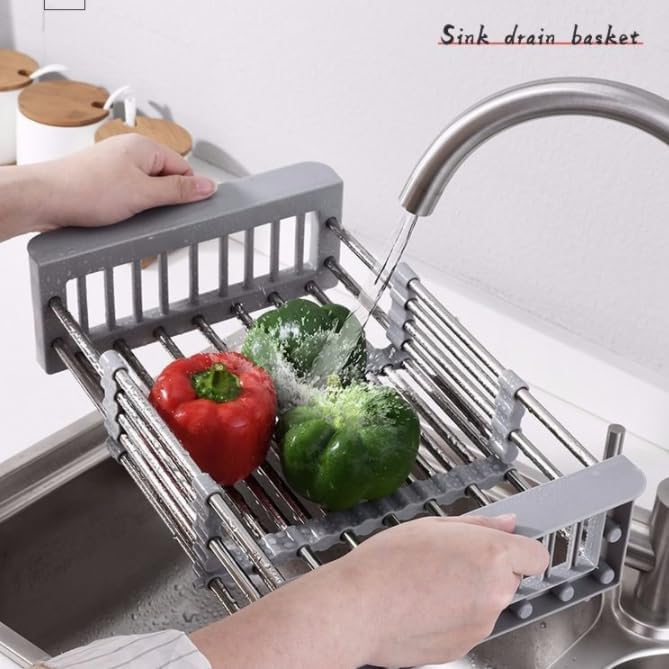 ASEANAO Stainless Steel Kitchen Drying Rack, Retractable Drain Basket with Adjustable Armrest, Over The Sink Dish Drying Rack (Small)