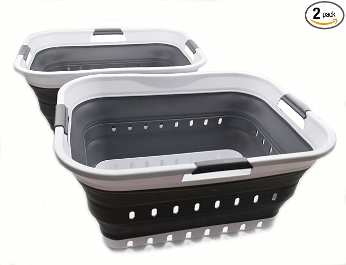 SAMMART 42L (11 gallon) Collapsible Plastic Laundry Basket - Foldable Pop Up Storage Container/Organizer - Portable Basket - Space Saving Hamper/Basket (2, White/Dark Grey)
