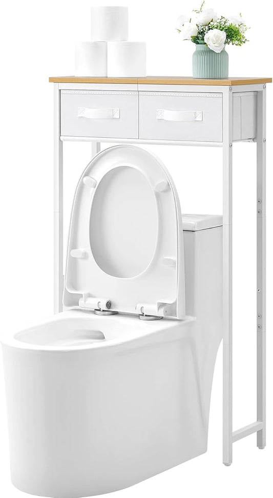 MOHOPE 2-Tier Over The Toilet Storage with 2 Fabric Drawers, Freestanding Above The Toilet Storage Cabinet, Space Saver Metal Over Toilet Bathroom Organizer Shelf for Small Space, Natural and White