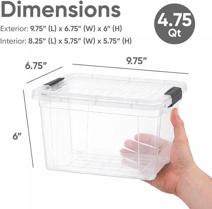 Superio Small Clear Storage Box with Lid, 4.75 Quart Plastic Container Bins for Organizing, Stackable Crates, BPA Free, Non Toxic, Odor Free, Organizers for Home, Office, School, and Dorm