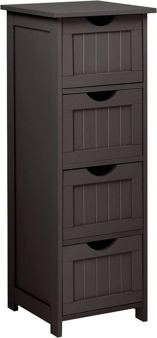 Bonnlo Skinny Bathroom Floor Storage Cabinet, 12 Inch Wide Deep Small Storage Organizer with 4 Drawers, Wooden Modern Espresso Thin Free Standing Tower Cabinet w/ 4 Cute Drawers for Bathroom