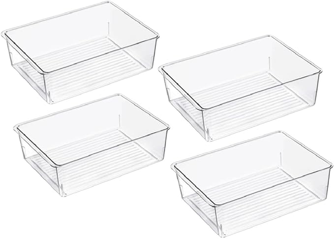 Slideep Kitchen Freezer Food Storage Bin, Plastic Refrigerator Organizer Fridge Storage Containers for Fruit, Yogurt, Snacks, Pasta 11'' -4 Pack
