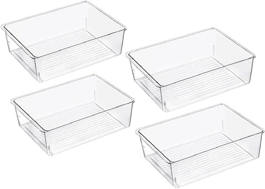 Slideep Kitchen Freezer Food Storage Bin, Plastic Refrigerator Organizer Fridge Storage Containers for Fruit, Yogurt, Snacks, Pasta 11'' -4 Pack