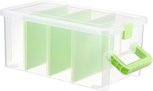 BTSKY Clear Plastic Dividing Storage Box with 4 Deep Compartments Adjustable Storage Bin with Lid Portable Craft Container Multipurpose Sewing Box Art Supply Organizer, 13.9x7.9x6.2 Inches, Green