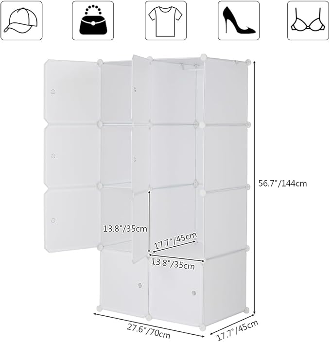 8 Cube Storage Organizer, Stackable Storage Shelves with Hanging Rod Customizable Closet Cabinet Durable Steel Frame Multi-Use DIY Design 13.8 inch Panels Max 10lb Capacity per Cube White