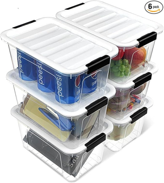 NUMIFUN Plastic Storage Bins with Lids 6 Pack, 7 Quart Storage Containers with Black Buckle Latch, Stackable Storage Containers for Home Pantry Office Classroom Organization, White