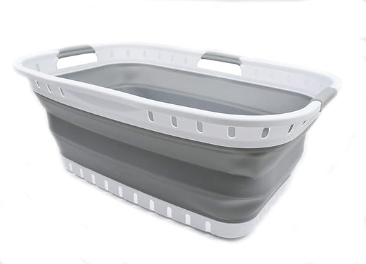 SAMMART 44L Collapsible Plastic Laundry Basket - Foldable Pop Up Storage Container/Organizer - Portable Hamper - Space Saving (1, White/Grey), Size: 25.4 x 17.3 x 10.2 inches