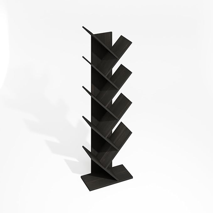 Furinno Tree Book Shelf, 9-Tier Bookshelf, Tree Bookcase for Room Decor, 8.4 x 15.7 x 50.9, for Living Room, Bedroom, Home Office, Black Espresso