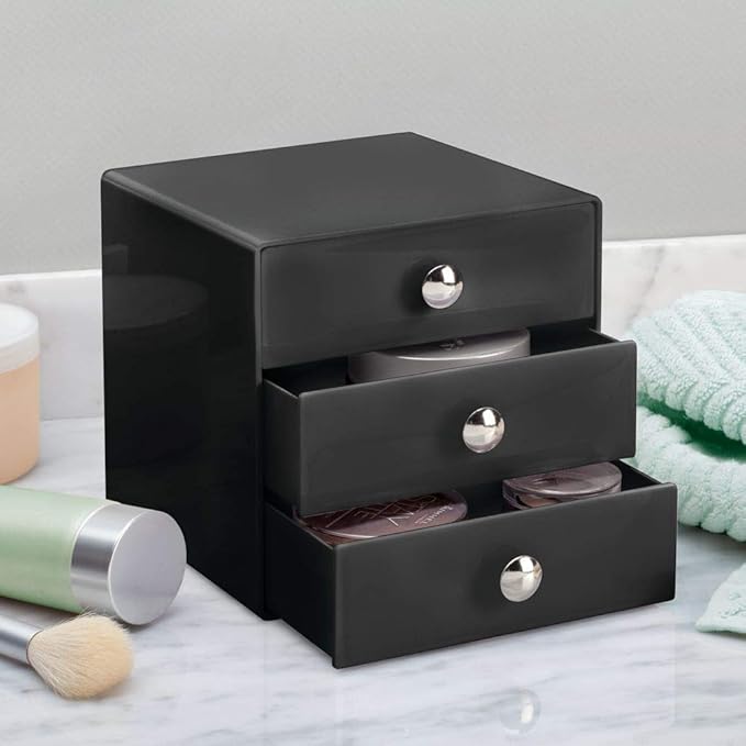 iDesign 35360 3-Drawer Plastic Vanity Organizer, Compact Storage Organization Set for Cosmetics, Dental Supplies, Hair Care, Bathroom, Dorm, Desk, Countertop, Office, 6.5" x 6.5" x 6.5", Black