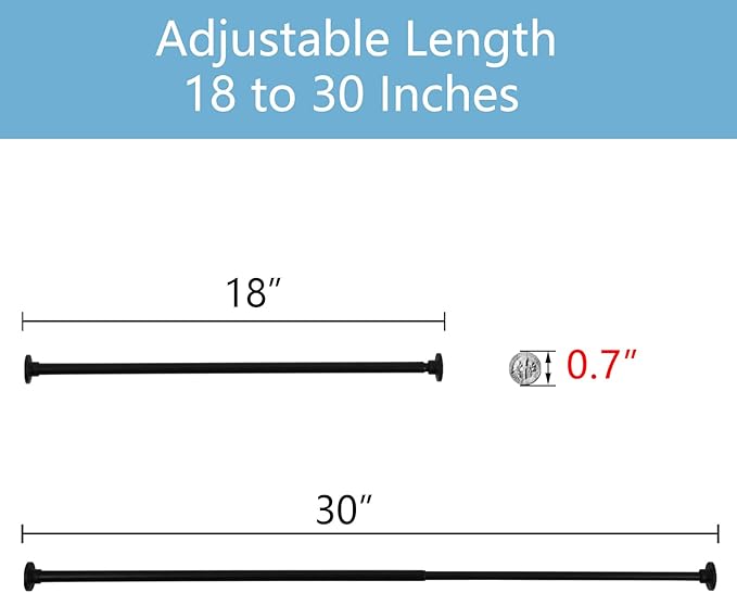 TYRON Small Thin Skinny Closet Rod for Hanging Clothes, 1/2" Diameter, 18 to 30 In. Adjustable Slim Closet Rod, Metal Closet Bar Hanging Rod for Closet Wardrobes Laundry RV (Black,1 Pcs)