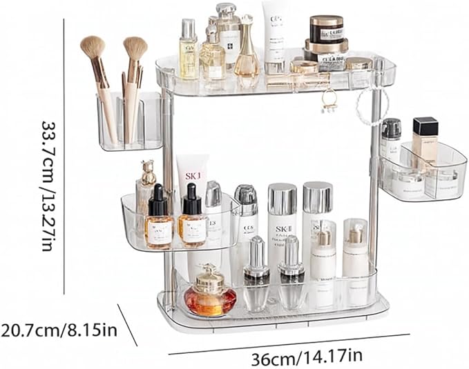 Clear Acrylic Makeup Organizer, Multi-Tier Cosmetic Storage Rack with Side Containers, Large Capacity Skincare Holder for Bathroom Counter, Vanity & Desk