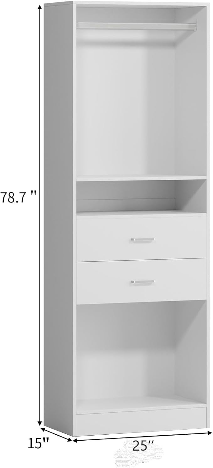 VOWNER 25'' Freestanding Closet System with Drawers & Hanging Rod, Wood Closet Organizer System, Walk-in Closet Shelving Unit, Clothes Garment Rack, Armoire Wardrobe Closet Bedroom Entryway