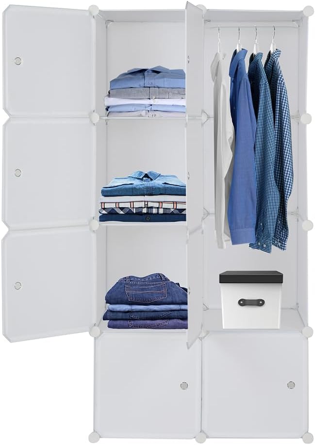 8 Cube Storage Organizer, Stackable Storage Shelves with Hanging Rod Customizable Closet Cabinet Durable Steel Frame Multi-Use DIY Design 13.8 inch Panels Max 10lb Capacity per Cube White