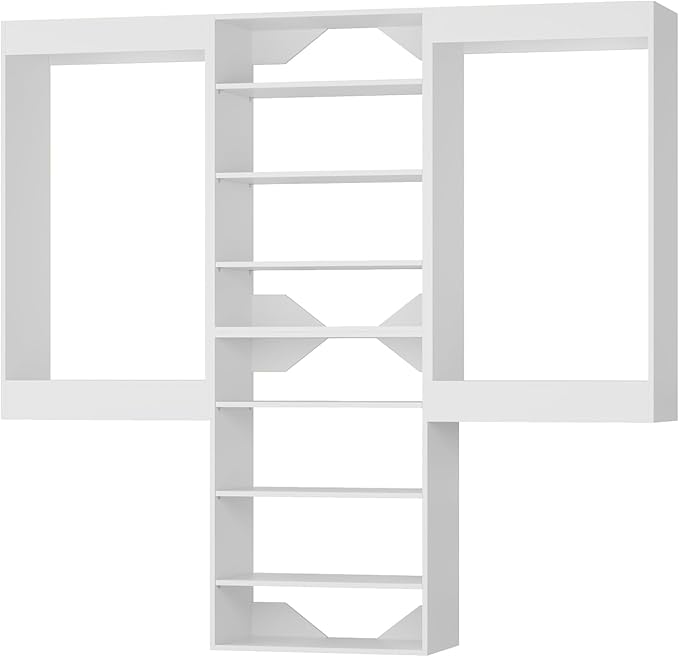 ROOMTEC Modular Closet System, 102" Wall-Mounted Closet Organizer with Hanging Rods and Shelves, Wooden Tower for Walk-In Closets, Wardrobe Storage Kit, White