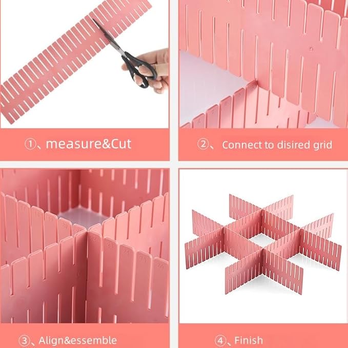 8 Pack Drawer Dividers, Adjustable Plastic Grid Separators for Socks, Underwear, Makeup, Cut-to-Fit DIY Drawer Organizer for Kitchen, Bedroom, Office, White + Pink
