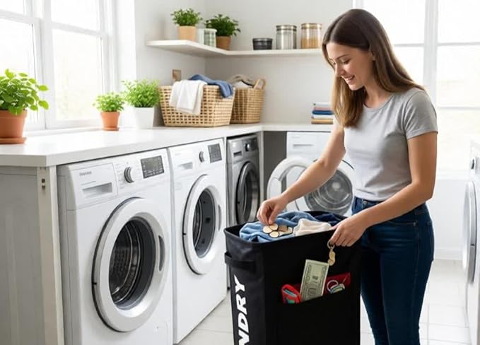Narrow Laundry Basket with Wheels for Small Spaces – Collapsible 46L Hamper with Outer Pocket for Lost Items, Slim Design for Dorm Rooms & Apartments