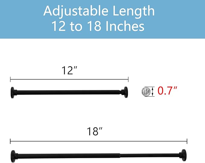 TYRON Mini Thin Skinny Smallest Closet Rod for Hanging Clothes, 1/2" Diameter,12 to 18 In. Adjustable Slim Closet Rod, Metal Closet Bar Hanging Rod for Baby Kids Closet, Small Space (Black,1 Pcs)