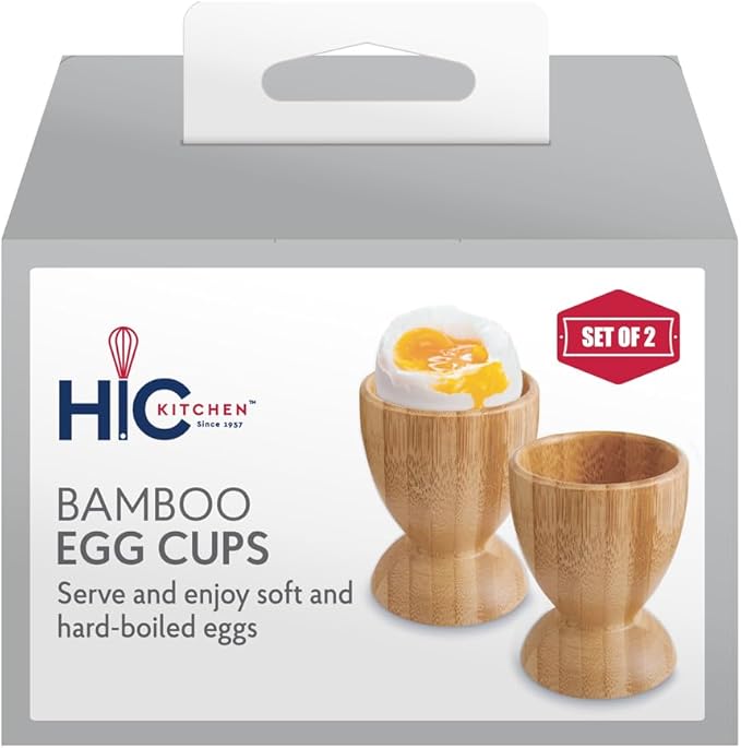 HIC Kitchen Egg Cup Holders, Natural Bamboo, For Soft Boiled and Hard Boiled Eggs, Set of 2