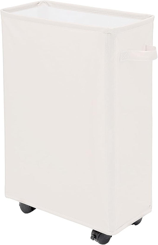 Laundry Basket, Slim Storage Basket with Wheels, Collapsible Rolling Laundry Basket for Clothes, Small Laundry Hamper for Dorm and Laundry Room,Yoga Fitness Storage Organiser, 40L, Beige
