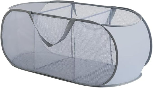Mesh Laundry Hamper Basket, Sturdy 3 Compartments Laundry Basket, Foldable Pop up Laundry Hamper with Side Pocket for Laundry Room, Bathroom, Kids Room, College Dorm or Travel, Gray