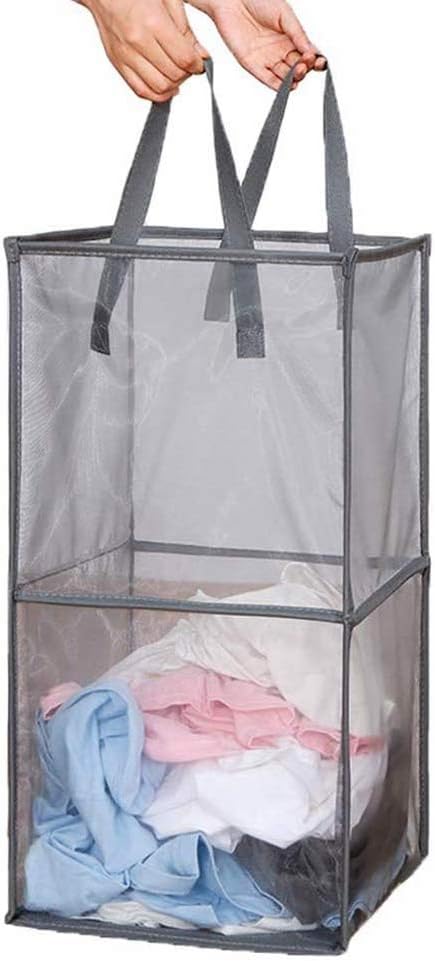 Pop Up Laundry Baskets - Mesh Collapsible Laundry Hampers Storage with Handle - Foldable for Washing Storage, Great for The Kids Room, College Dorm, Travel Organizer (Grey/Double Layer)