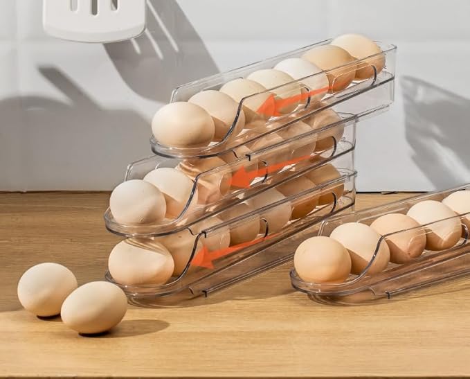 Egg Holder for Fridge,Stackable 1-4 Tiers Container,Auto Rolling Fridge Organizer for Refrigerator,Space-Saving Dispenser Holder,Refrigerator Egg Rack Transparent (3 Packs)