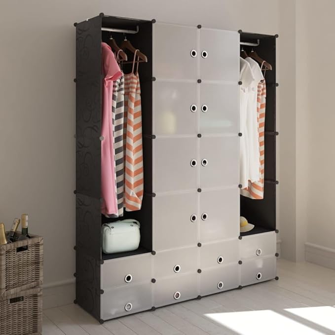 Modular Storage Cabinet Black and White Plastic and Steel Wire Flexible Storage Solution with 18 Compartments for Clothes Shoes Household Items