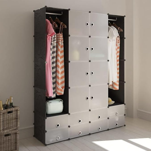 Modular Storage Cabinet Black and White Plastic and Steel Wire Flexible Storage Solution with 18 Compartments for Clothes Shoes Household Items