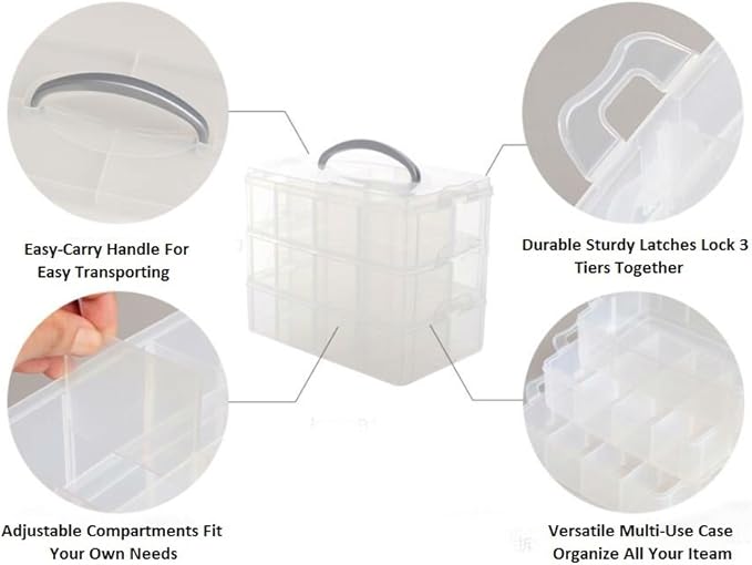 Kamay's 3-Tier Transparent Stackable Adjustable Compartment Slot Plastic Craft Storage Box Organizer Snap-Lock Tray Container 3 Sizes 4 Candy Colors Available (Large 30 Compartment, Blue)