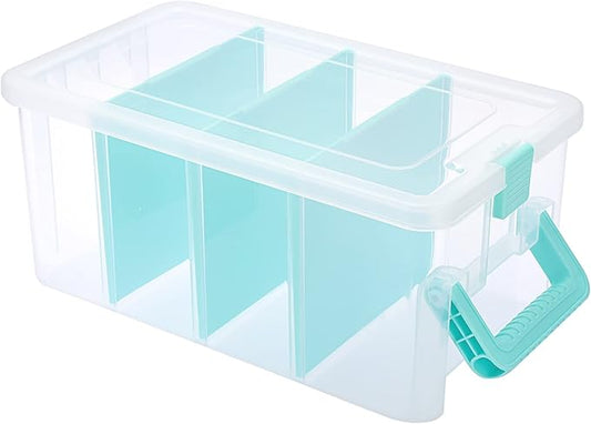 BTSKY Clear Plastic Dividing Storage Box with 4 Deep Compartments Adjustable Storage Bin with Lid Portable Craft Storage Container Multipurpose Sewing Box Art Supply Organizer, 13.9x7.9x6.2 Inches
