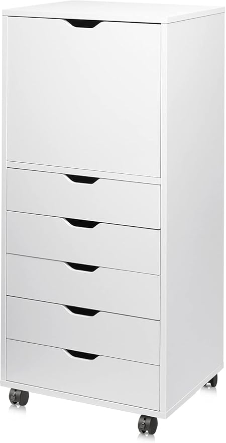 DEVAISE Wood File Drawers, Mobile Office Cabinet with 5 Drawer and 1 Door, Rolling Filing Drawer for Home Office, White