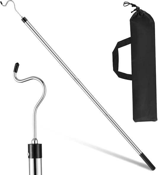 Clothes Hook Pole, Extendable from 35" to 50" Stainless Steel Closet Pole Reacher with S-Shaped Hook for Hanging Clothes, Plants, Lights