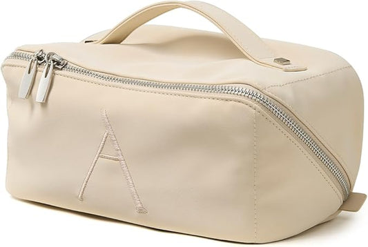 EACHY Travel Makeup Bag, Large Capacity Cosmetic Bag for Women, Waterproof PU Leather, Flat Open Portable Toiletry Bag for Skincare, Brushes & Travel Essentials