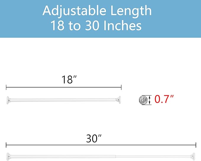 TYRON Small Thin Skinny Closet Rods for Hanging Clothes, 1/2" Diameter, 18 to 30 In. Adjustable Slim Closet Rod, Metal Closet Bar Hanging Rod for Closet Wardrobes Laundry RV (White,2 Pcs)