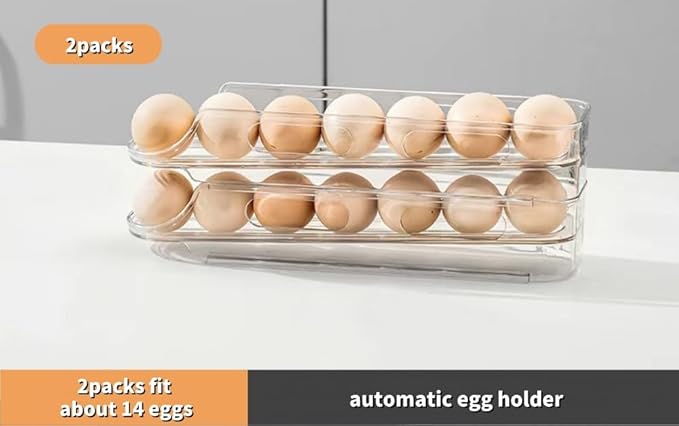Egg Holder for Fridge,Stackable 1-4 Tiers Container,Auto Rolling Fridge Organizer for Refrigerator,Space-Saving Dispenser Holder,Refrigerator Egg Rack Transparent (2 Packs)
