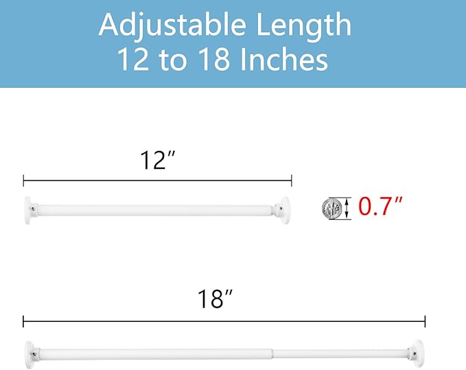TYRON Mini Thin Skinny Smallest Closet Rod for Hanging Clothes, 1/2" Diameter,12 to 18 In. Adjustable Slim Closet Rod, Metal Closet Bar Hanging Rod for Baby Kids Closet, Small Space (White,1 Pcs)