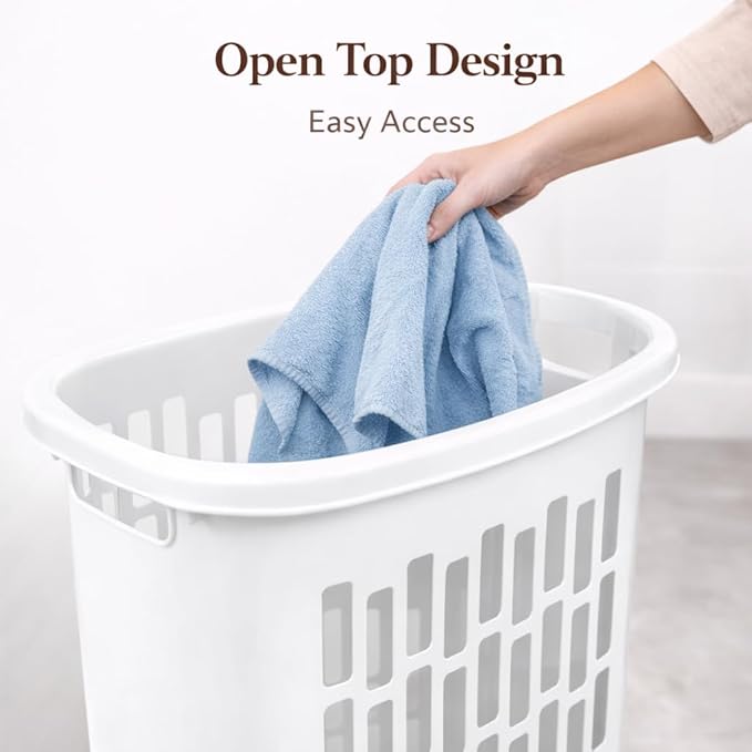 Rectangular Plastic Laundry Hamper, Slim Space-Saving Design for Narrow Areas, Open Top Clothes Basket for Laundry, Bathroom or Closet, White