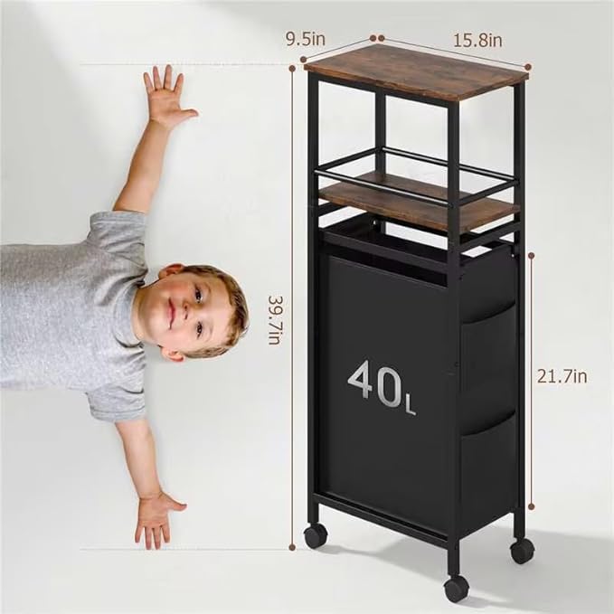Slim Laundry Hamper with Shelf,40L Rolling Laundry Basket with Wheels,Laundry Sorter with Side Pockets and Removable Bags for Samll Space,Laundry Room,Bedroom,Bathroom