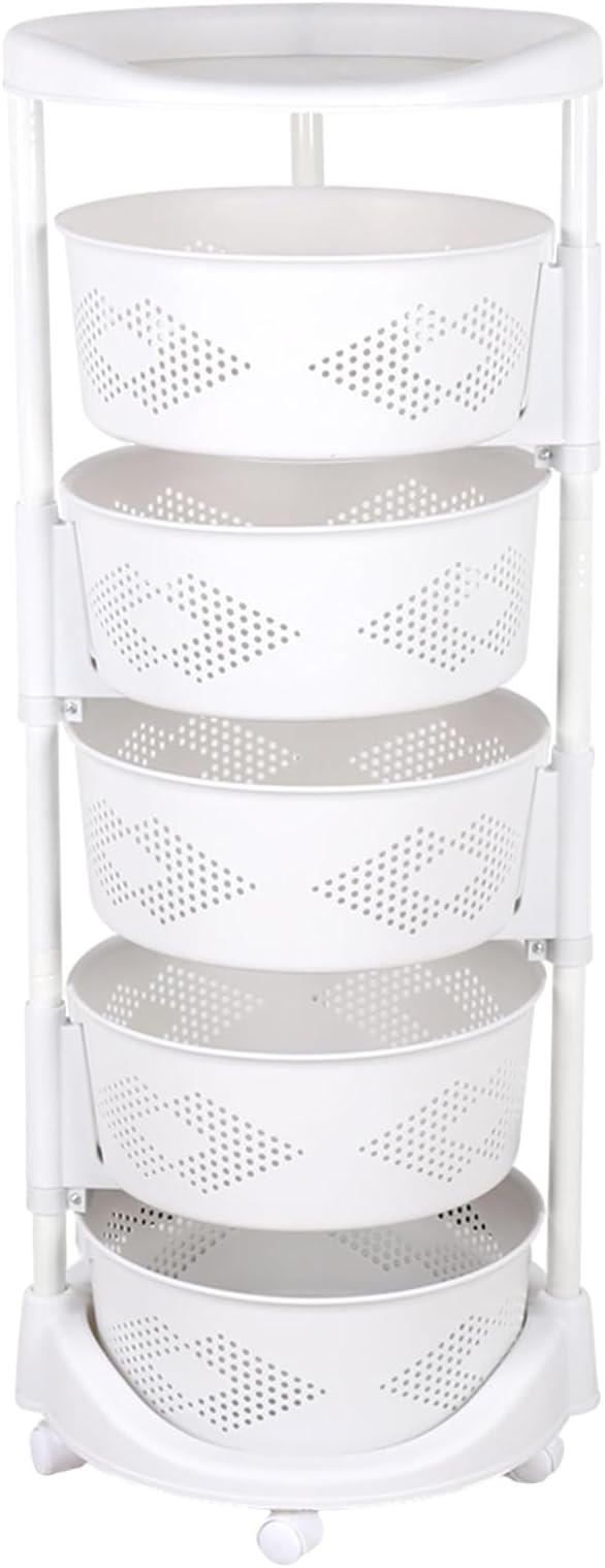 5-Tier Rotating Fruit&Vegetable Storage Rack for Kitchen, Rack Storage Shelf Cart Fruit Vegetable Organizer with Casters Rolling Multi-Layer Round Bin Storage Space Saver for Home Household Grocery