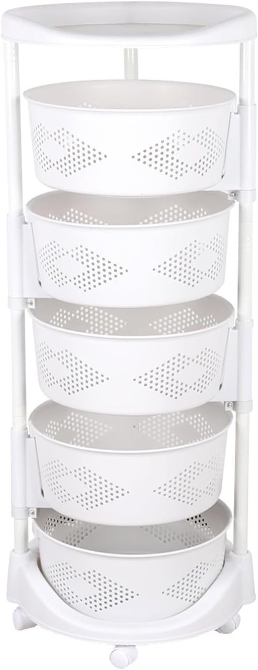 5-Tier Rotating Fruit&Vegetable Storage Rack for Kitchen, Rack Storage Shelf Cart Fruit Vegetable Organizer with Casters Rolling Multi-Layer Round Bin Storage Space Saver for Home Household Grocery
