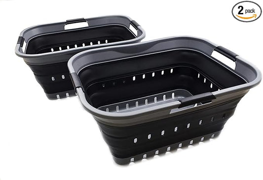 SAMMART 42L (11 gallon) Collapsible Plastic Laundry Basket - Foldable Pop Up Storage Container/Organizer - Portable Basket - Space Saving Hamper/Basket (2, Grey/Black)