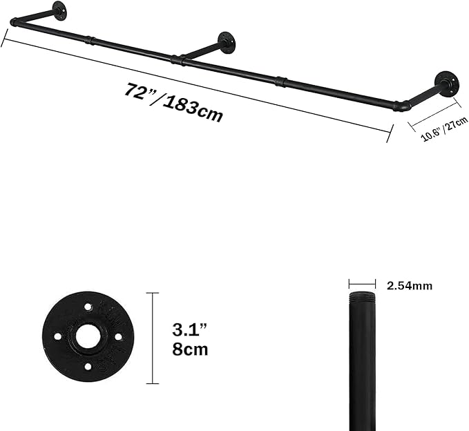 Oroonoko 2 Pack 72inch Industrial Pipe Clothes Garment Rack Ceiling Mount For Hanging Rod Bar for Laundry Room Up to Max Load 135Lb