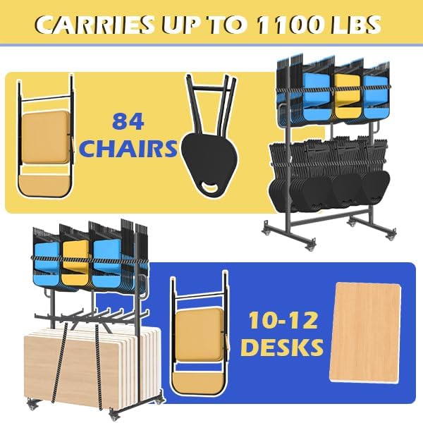 Folding Chair Racks for Storage, Heavy-Duty Folding Chair Cart with 1100 LBS Capacity for 12 Tables or 84 Chairs, Multi-Function Chair Storage with Swivel Wheels, Dust Cover, 2 Binding Ropes
