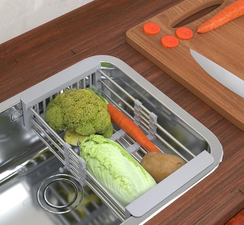 ASEANAO Stainless Steel Kitchen Drying Rack, Retractable Drain Basket with Adjustable Armrest, Over The Sink Dish Drying Rack (Black Small)
