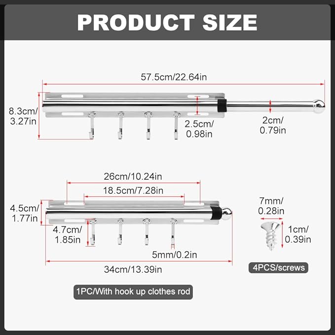 12 Inch Valet Rod for Closet Pull Out, Retractable Slide Out Clothes Hanger with 4 Hooks, Closet Rods for Hanging Clothes Laundry Room, Bedroom, Bathroom(COLOR:Sliver)
