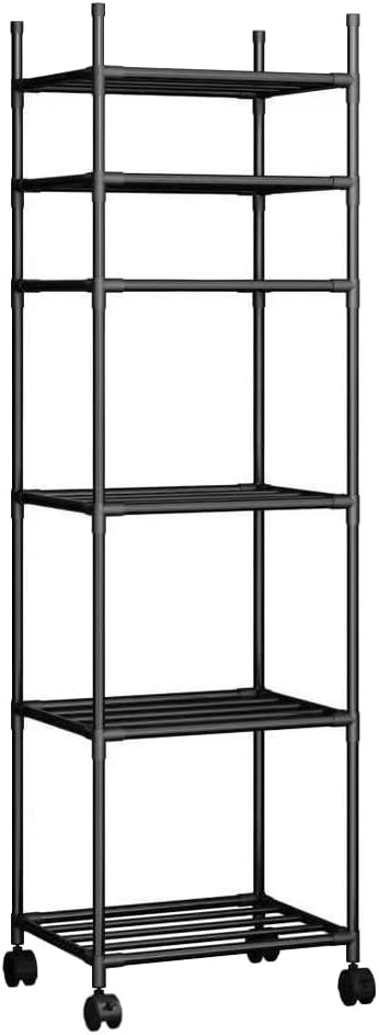 Black Shelving Unit, 42x 32 x 165 cm, 6 Tier Tall Narrow Shelving Unit with Wheels and Anti-Slip Feet, Adjustable Shelving (Black)