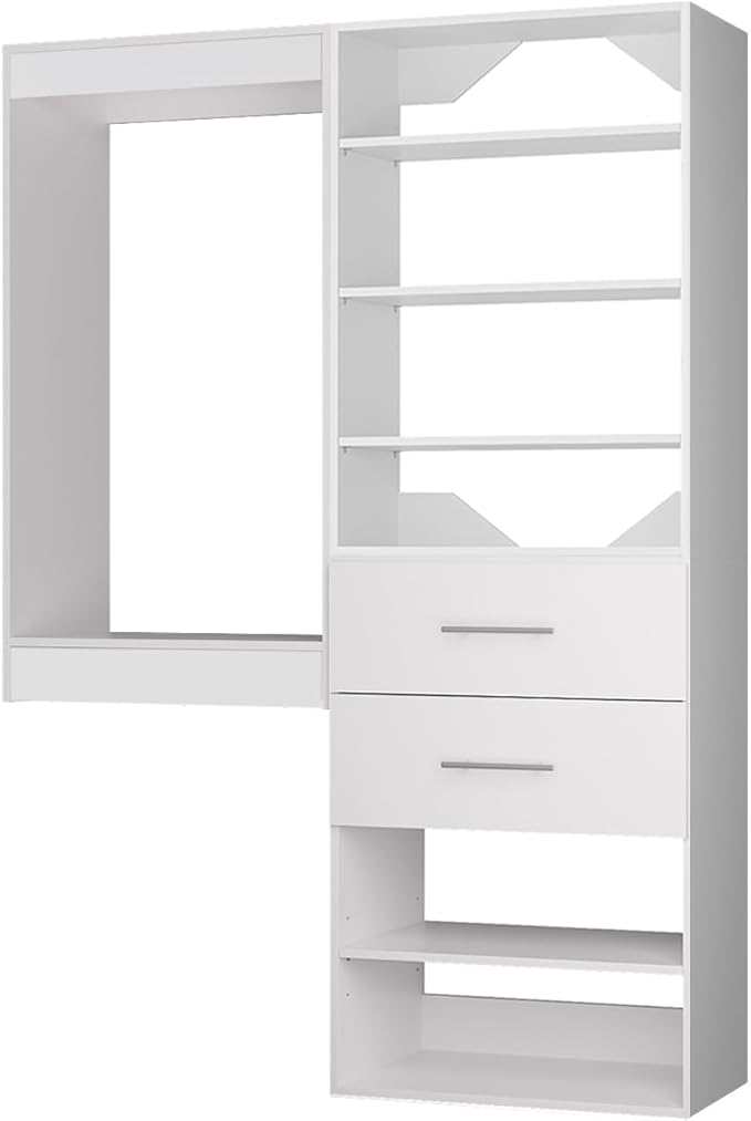 ROOMTEC Modular Closet System, 52" Wall Mounted Closet Organizer with Hanging Rods and Drawers, Wooden Tower for Walk-In Closets, Wardrobe Storage Kit, White