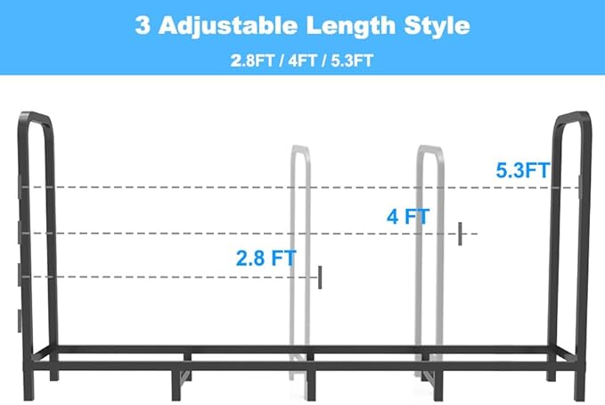 5.3ft Firewood Rack Holder, Adjustable Heavy Duty Fire Log Stacker Stand for Fireplace, Outdoor Indoor Metal Wood Pile Storage Organizer, Patio Logs Stand tool, Black