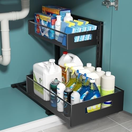 2-Tier Metal Under Sink Organizer, Pull out Smoothly with Track, Large Capacity Heavy Load Under Sink Storage for Kitchen and Bathroom