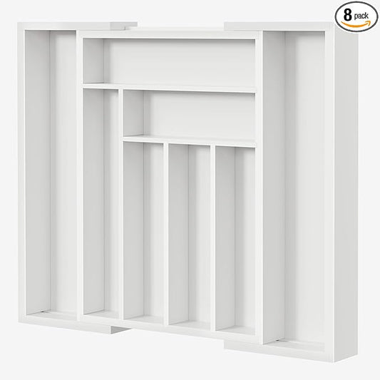 Pipishell Bamboo Expandable Drawer Organizer for Utensils Holder, Adjustable Cutlery Tray, Wood Drawer Dividers Organizer for Silverware, Flatware, Knives in Kitchen, Bedroom, Living Room (White)
